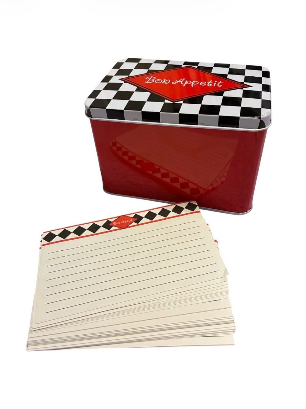 Vintage Bon Appetit Red Black & White Checkered Metal Recipe Box + Recipe Cards